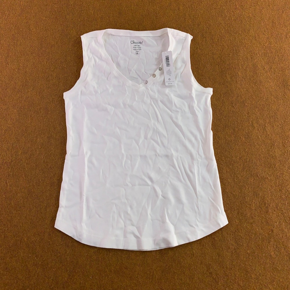 Chico's Women 0 US Small White Alabaster V-Neck Button Basic Knit Tank Top NWT